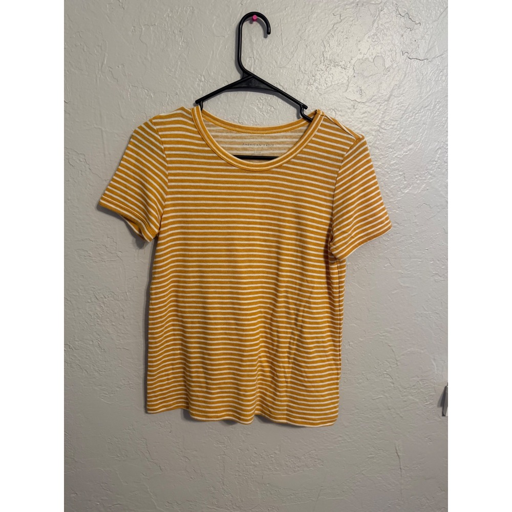 American Eagle Womens Mustard Yellow White Striped Short Sleeve Crew Neck TShirt